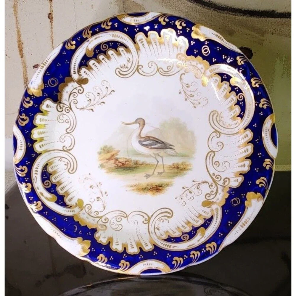 Antique Coalport Hand Painted Game Bird Compote Floral Cobalt Gold Tazza Comport
